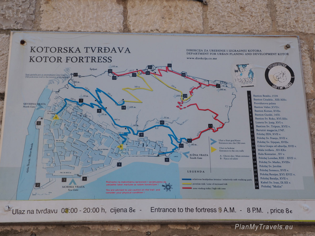 Kotor Fortress - main entrance map
