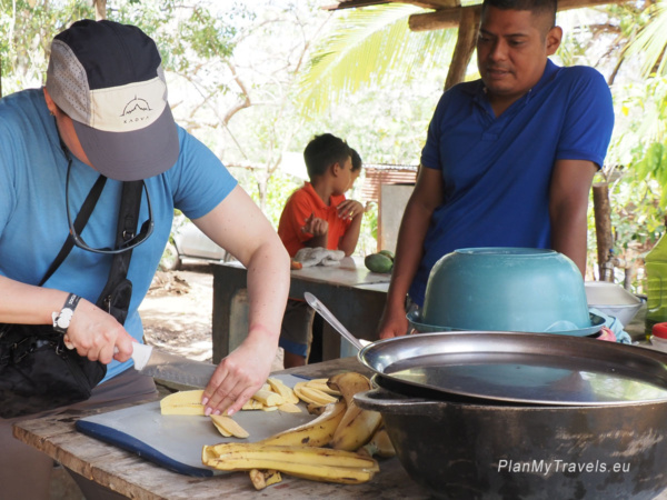 Preparing a traditional meal with a local family on a cocoa farm in rural Nicaragua